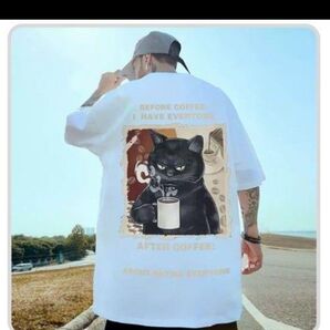 コーヒー猫 8XL 白 Tシャツ 大きいサイズ オーバーサイズ ゆったり ねこ