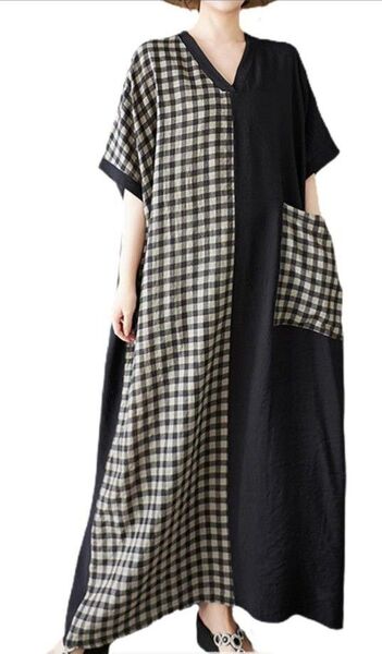 Vネック ギンガムチェック かわいい マキシロング丈 レディース ワンピース 新品 黒 ワンピース 半袖 ストライプ