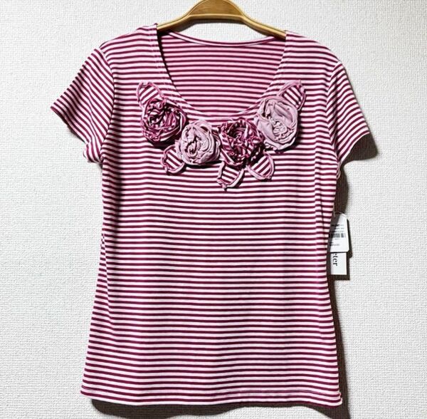 サマーボーダー半袖Tシャツブラウス フリーサイズ お花モチーフ 未使用品 M〜L
