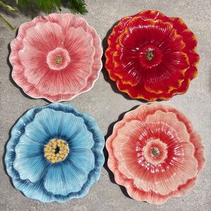 ハンドメイド 皿 4枚セット 花型 ケーキ皿 ピンク フラワー 立体 作家 ポピー ガーベラ 薔薇 アンティーク ヴィンテージ