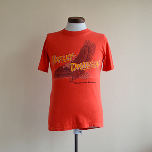 80s Harley-Davidson Never in the shadows Tシャツ S オレンジ / Hanes USA製 ハーレーダビッドソン WOODSTOCK 古着 ビンテージ