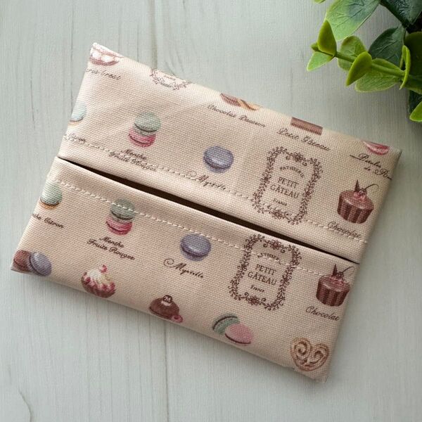 ポケットティッシュケース 普通サイズ ラミネート ハンドメイド マカロン スイーツ モカベージュ