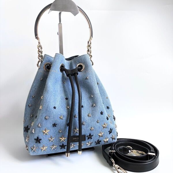 JIMMY CHOO ジミー チュウ ボンボン バケット 2WAYバッグ デニム 巾着型