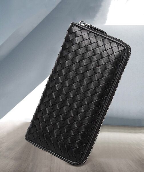 イントレチャート ラウンドファスナー メンズ財布 メンズ長財布 長財布 小銭入れあり 本革編み込み ブラック ラウンドファスナー