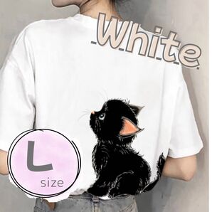 Tシャツ 半袖 白 Lサイズ ネコ Tシャツ ゆったり 海外 韓国 蝶 シンプル 可愛い ワンポイント ストリート モチーフ