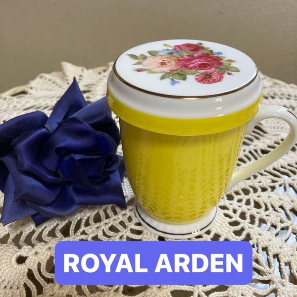 【ROYAL ARDEN】FINE BONE CHINA マグカップ 蓋付き 黄色 イエロー バラ 花柄 陶器