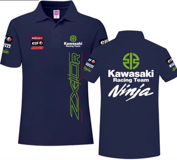 KAWASAKI Racing Team ロゴ入りデザインポロシャツ ネイビー XLサイズ