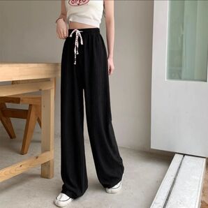 夏服 ワイドパンツ サマーパンツ ストレート ウエストゴム パンツ ズボン ゆったり リラックスパンツ ボトムス ブラック