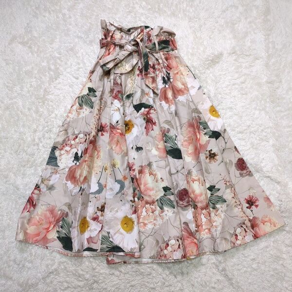 H&M エイチアンドエム スカート 花柄 腰紐リボン 総柄 ピンク ベージュ