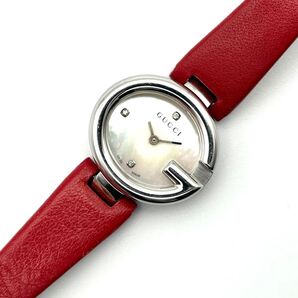 【美品・OH済・稼働】グッチ GUCCI 134.5 ダイヤ シェル 2重ベルト レザー ロゴ クォーツ