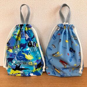 *ハンドメイド*給食袋2点セット 片側ループ付き 入園入学準備 巾着袋 コップ袋