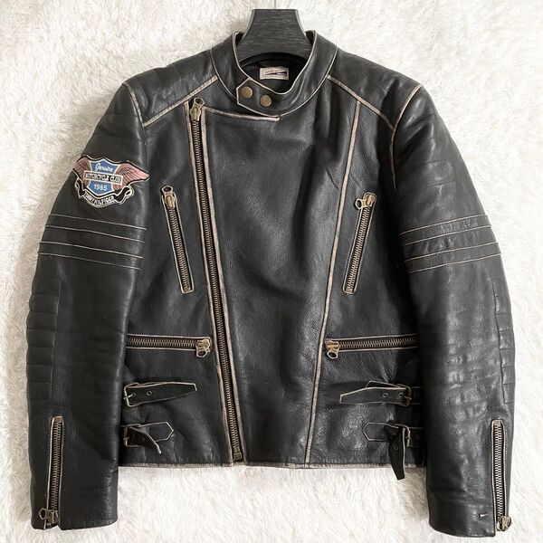 Hilfiger Denim ヒルフィガーデニム ダブルライダースジャケット レザージャケット ヴィンテージ加工 Sサイズ