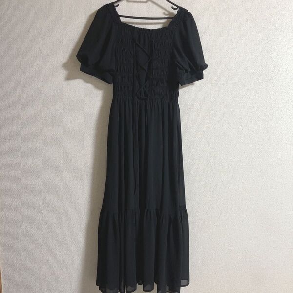 マキシ丈ワンピース シフォン パフスリーブ ブラック 黒