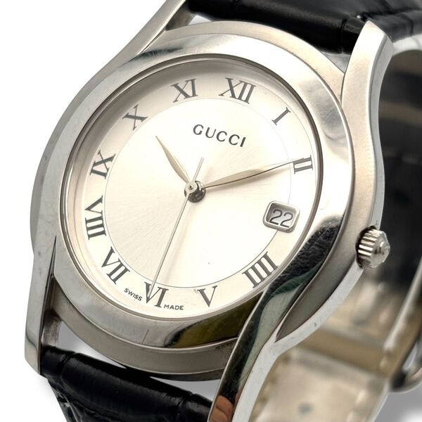 稼働 GUCCI グッチ 腕時計 クオーツ QZ メンズ 5500M シルバー文字盤 シルバー 新品ベルト デイト 3針
