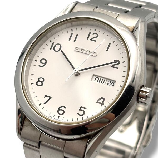 稼働 SEIKO セイコー 腕時計 メンズ クオーツ QZ 白文字盤 デイデイト 3針7N43-9080