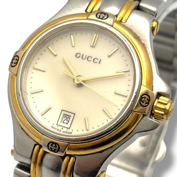 稼働 GUCCI グッチ 腕時計 クオーツ QZ レディース 9040L ゴールド シルバー コンビ デイト 3針