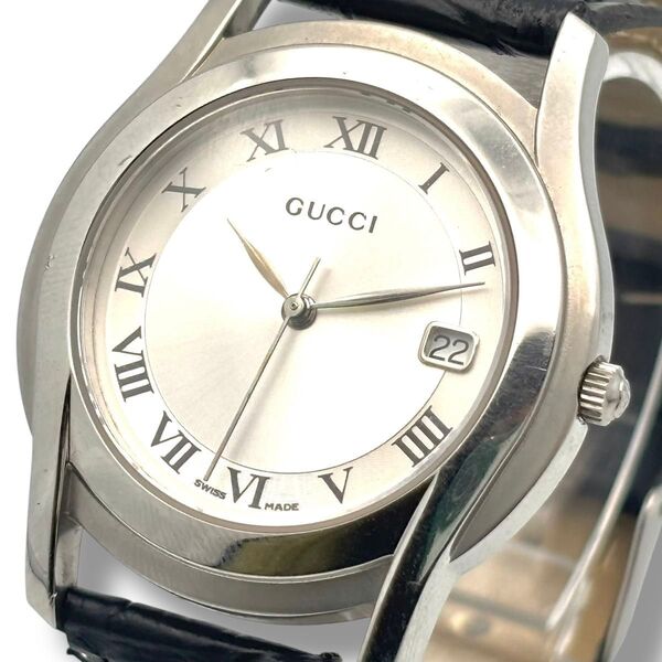 稼働 GUCCI グッチ 腕時計 クオーツ QZ メンズ 5500M シルバー文字盤 3針 デイト レザー ベルト