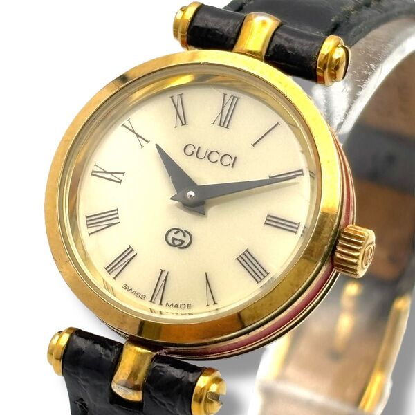 稼働 GUCCI グッチ 腕時計 クオーツ QZ レディース シェリーライン レザーベルト 2針 ローマン 文字盤