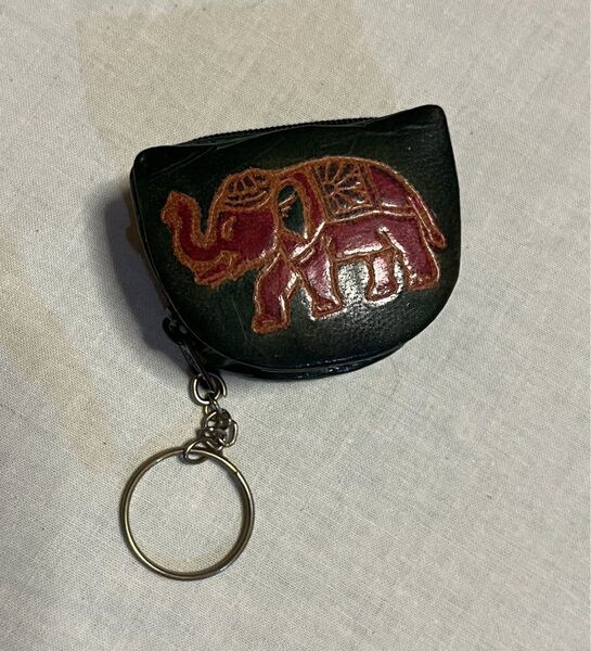 エスニック 象 コインケース ミニポーチ 革製 キーホルダー 緑 お土産 民芸品