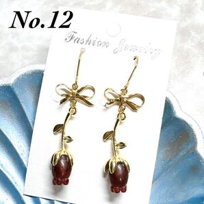 No.12 ハンドメイド リボン 薔薇 花 上品 かわいい ワインレッド ピアス