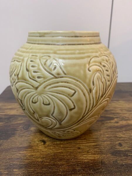 黄釉牡丹唐草纏枝花紋 花瓶 壺 花入 花器 古玩 置物