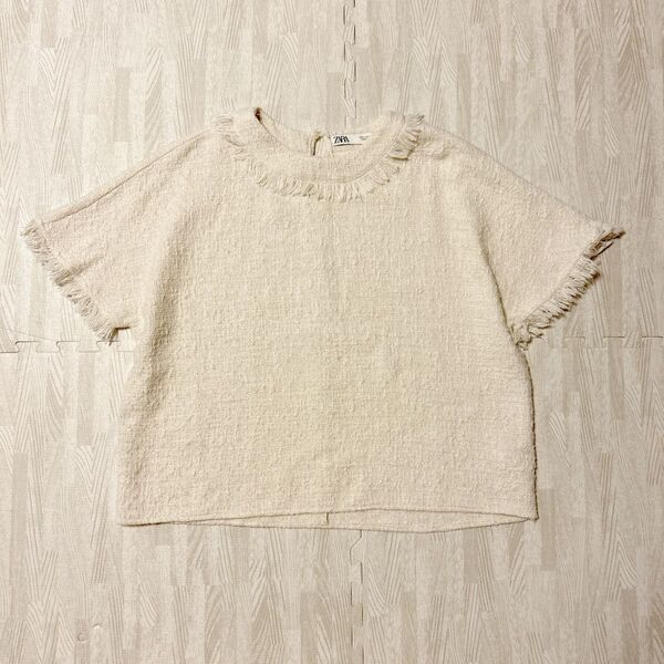 ZARA ザラ ツイード カットソー トップス フリンジ 付き ホワイト S