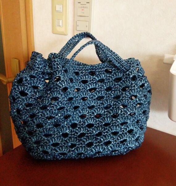 スズランテープの巾着バック ネイビー ハンドメイド