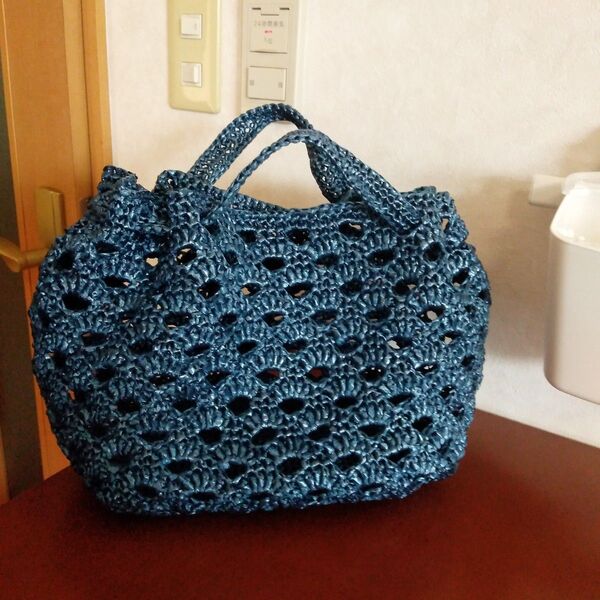 スズランテープの巾着バック ネイビー ハンドメイド