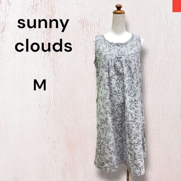 sunny clouds サニークラウズ フリル襟花柄ワンピース M 綿100 ライトグレー ノースリーブワンピース