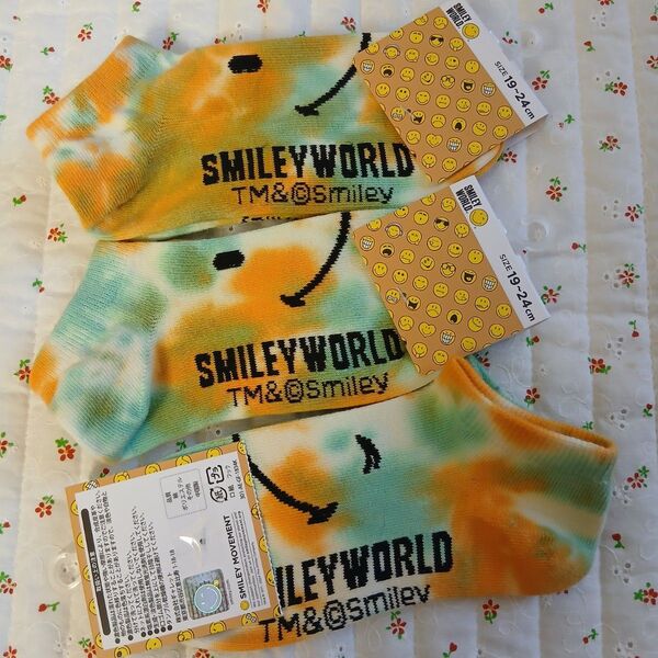 ★新品★19~24cm 靴下 3足 SMILEY WORLD ② ダイダイ柄