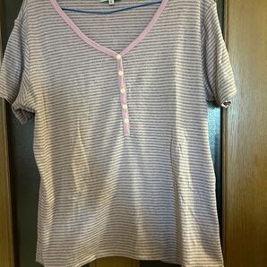 VILLAND ボーダー柄Tシャツ ピンク グレー ヘンリーネック 3L