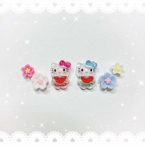 ネイルパーツ 6P 〈J002〉 ハローキティ スイカ ハイビスカス ピンク 水色 キティちゃん