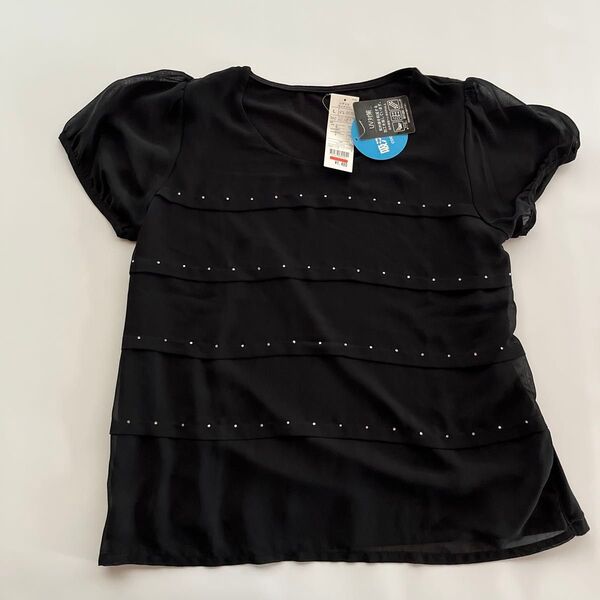 新品 タグ付き 婦人服 トップス カットソー Lサイズ 黒 ブラック ラインストーン パフスリーブ 吸汗速乾 UV対策