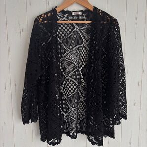 訳あり レース羽織り カーディガン 黒 花柄 レース M L LL XL