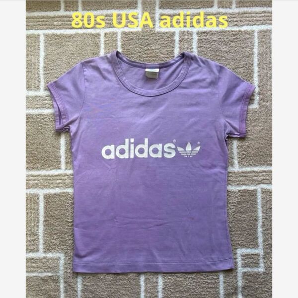 80s 90s USA adidasアディダス パープル vintage 半袖Tシャツ 古着 トレフォイルロゴ 葉っぱ