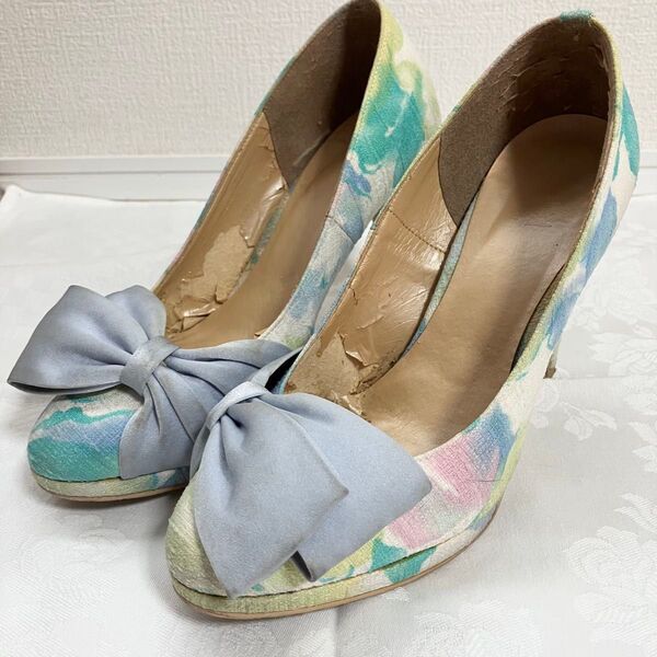 【値下げ】ESPERANZAエスペランサ 22㎝ ブルー花柄リボンパンプス ハイヒール フラワープリント キャバ ホステス ギャル