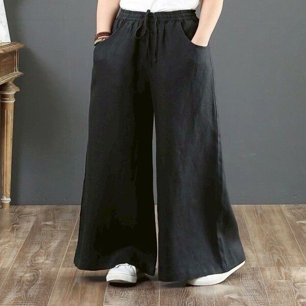 パンツ ワイド 長ズボン 麻 ストレッチ 軽量 清涼 黒 ブラック 体型カバー 細見え ゴム ハイウェスト 綿混