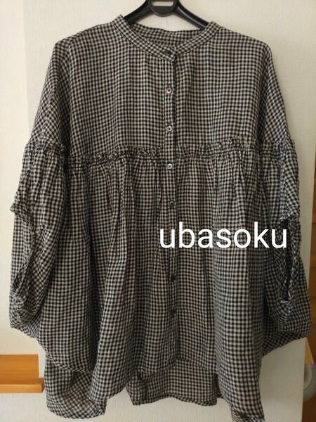 ubasoku ウバソク ポンチョ風ギンガムチェックブラウス リネン100% 白黒