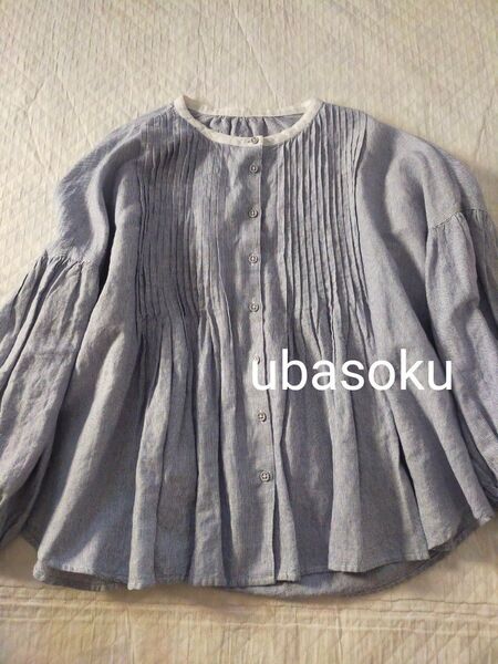 ubasoku ウバソク ストライプピンタックブラウス リネン100% 白青