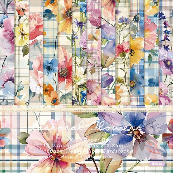 Flowers② 24枚 デザインペーパー 花 水彩風 チェック アート デザイン 背景 装飾 スクラップブッキング コラージュ