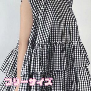 ★新品★ ノースリーブ チュニック チェック柄 ブラウス ティアード フリーサイズ 韓国 半袖 ティアード チェック柄 ブラウス