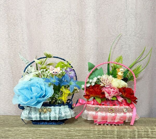 お久しぶり価格 おまとめ2点セット フラワーバスケット敬老の日 お祝い お誕生日 造花 置物 メッセージカード付