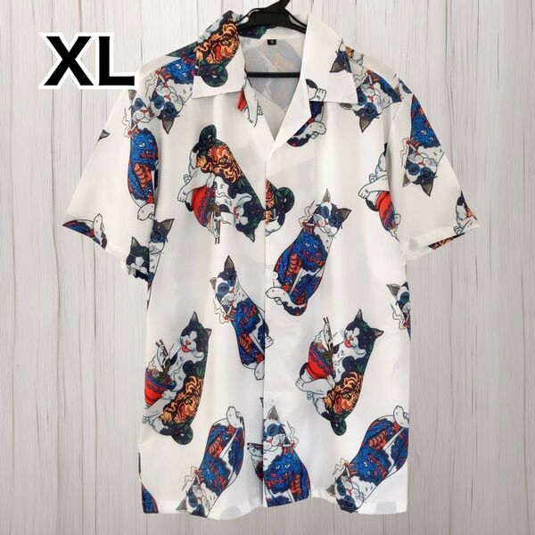 【新品】半袖シャツ XL アロハシャツ 柄シャツ 和柄 猫 ハワイアンシャツ オールド ヴィンテージ風 アロハ 猫柄