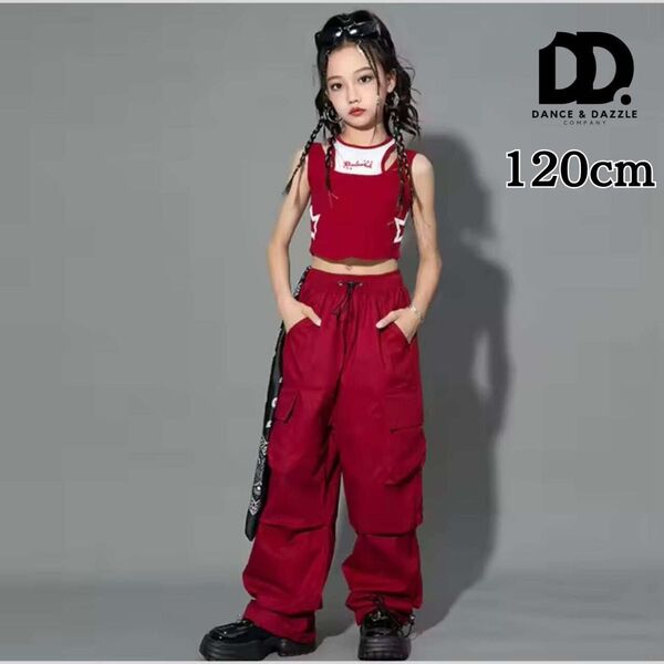 【新品】カーゴパンツ レッド 120cm パンツキッズ ダンス ダンス衣装レッスンスウェット