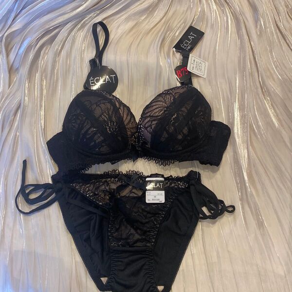黒レース セクシーランジェリー 下着 M ブラジャーショーツ B75 ② 紐パン