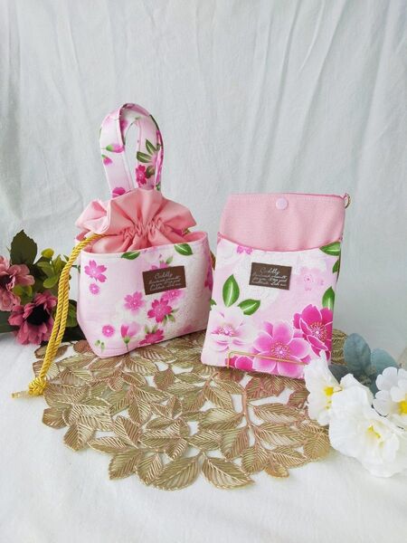 桜の可愛いスマホショルダーと巾着バッグのセット 桜 ハンドメイド スマホポーチ スマホケース ピンク 夏祭り 巾着袋 浴衣