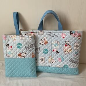 入園入学2点セット ハンドメイド 女の子 レッスンバッグ シューズケース キルティング パンダ
