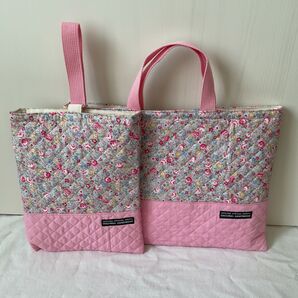 入園入学2点セット ハンドメイド 女の子 レッスンバッグ 上履き入れ キルティング 花柄