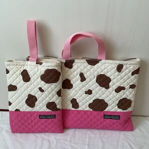 入園入学2点セット ハンドメイド 女の子 レッスンバッグ シューズケース キルティング 牛柄 ピンク