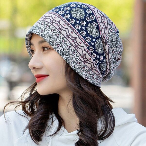 バンダナキャップ 花柄 ヘアターバン ネックウォーマー 紺×桃 帽子 模様H